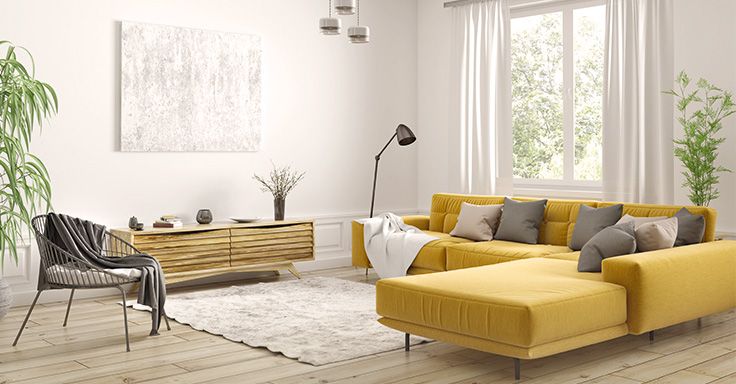 Wohnzimmer mit gelbem Sofa